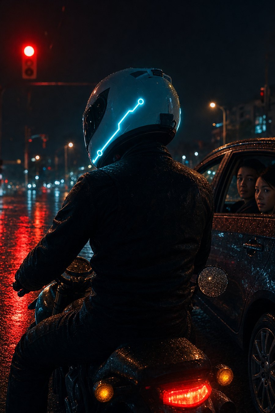 Rider at night with a glowing helmet