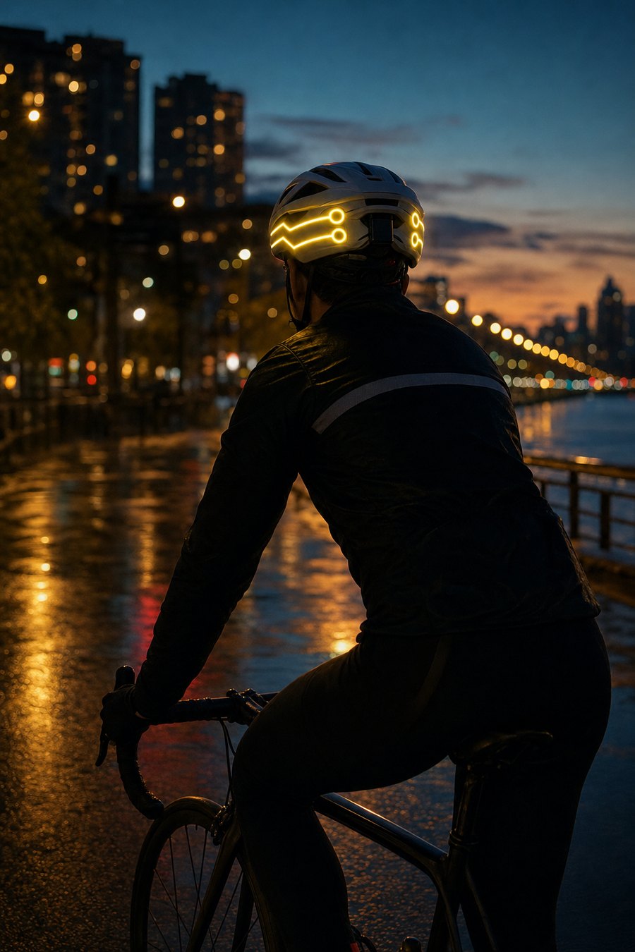 Cyclist with a glowing helmet strip