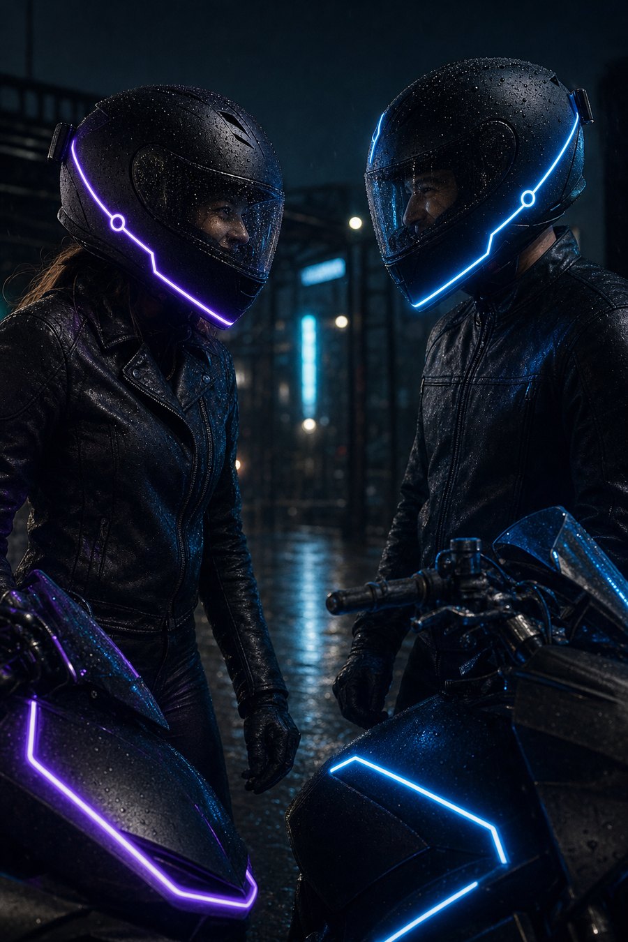 Two riders with matching glowing helmets